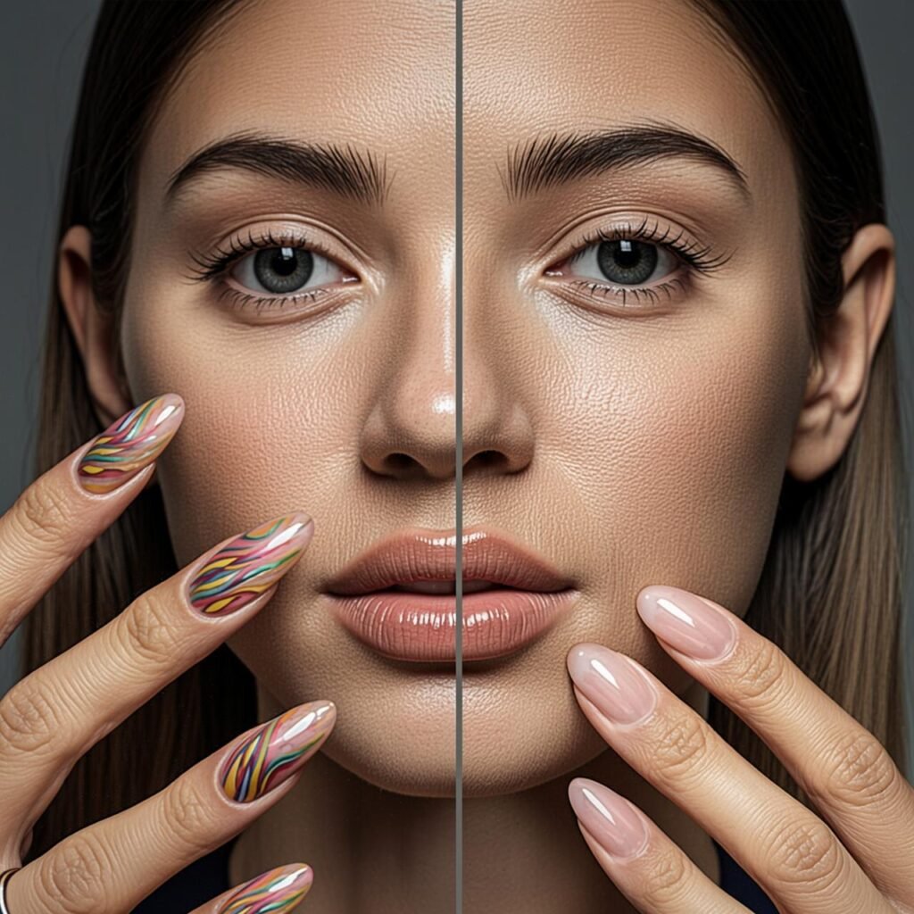 comparison of acrylic vs gel nails showing long acrylics and short natural gel nails