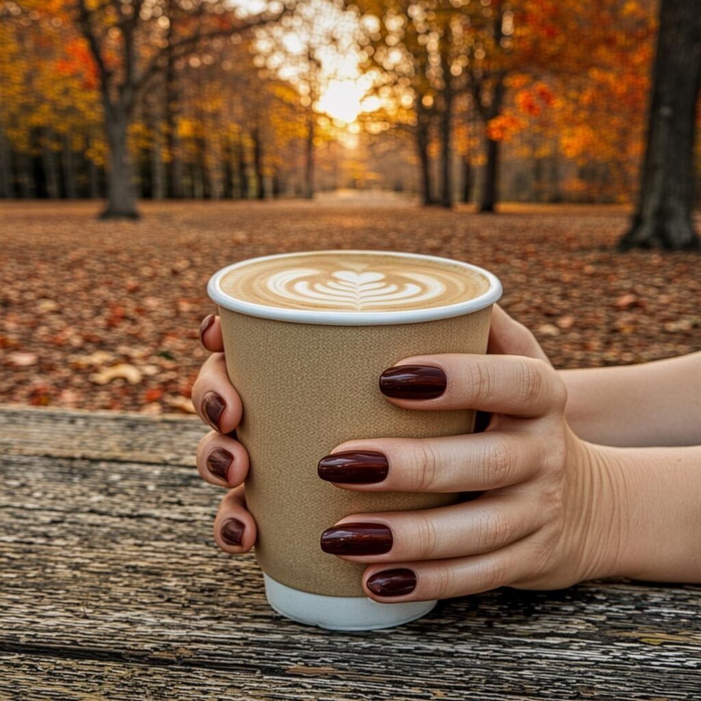Young American woman holding a pumpkin spice latte with rich burgundy fall nail ideas.