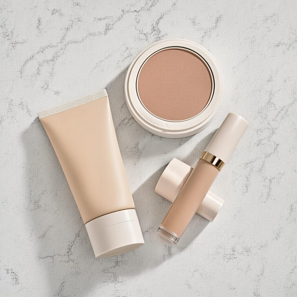 essential products for a minimalist makeup routine laid out on marble