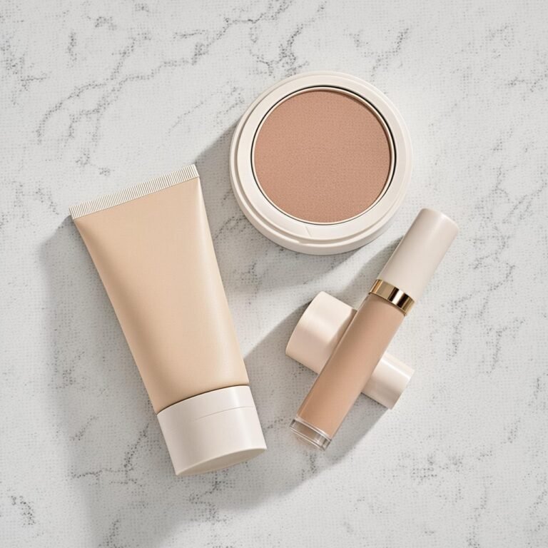 essential products for a minimalist makeup routine laid out on marble