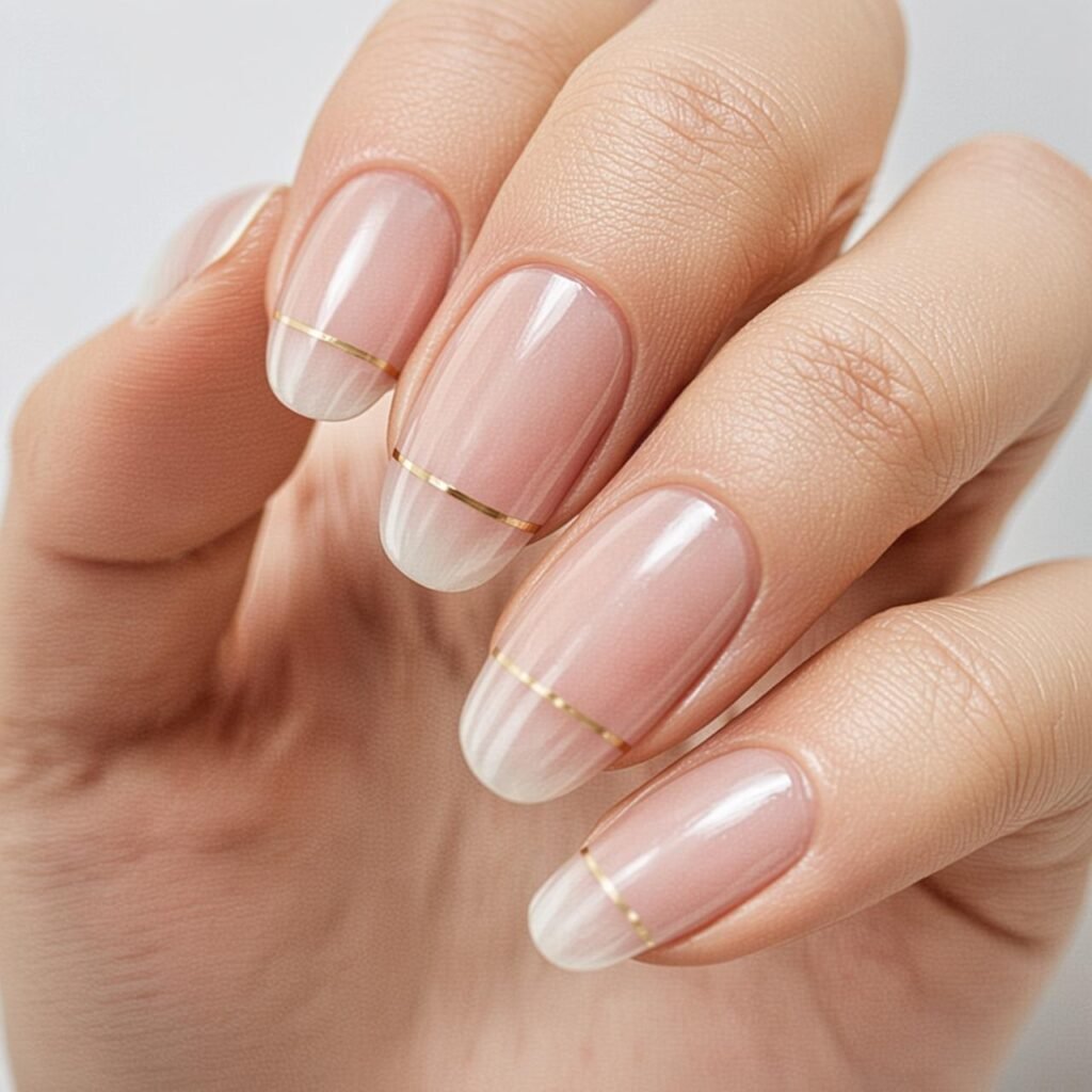 Featured image showcasing a variety of minimalist short almond nail designs including sheer nude and soft peach colors