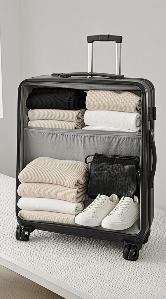 an open suitcase neatly packed with a neutral travel capsule wardrobe