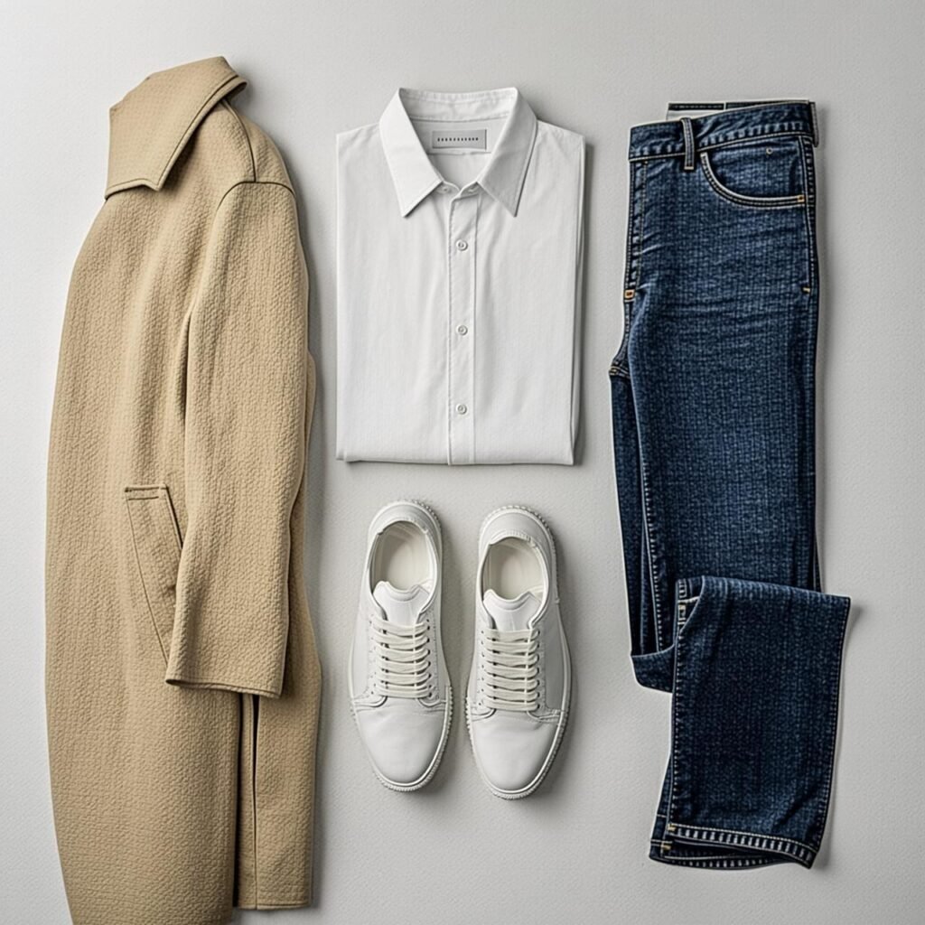 a flat lay of minimalist wardrobe essentials including a white shirt jeans and trench coat