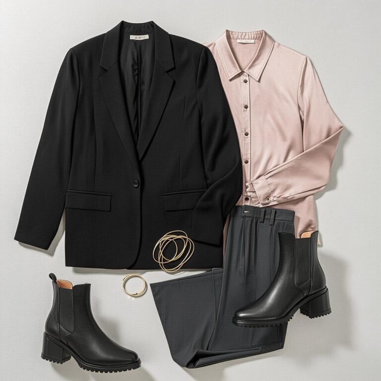 flat lay of essential pieces for work outfits for women including a blazer and trousers