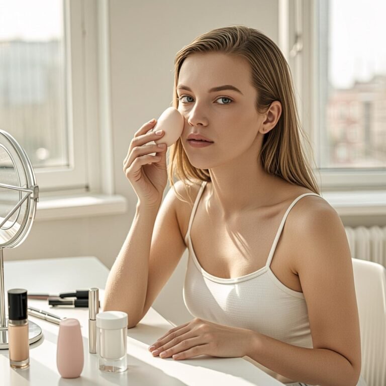 Beginner American woman at vanity table with essential makeup products for makeup tips for beginners.