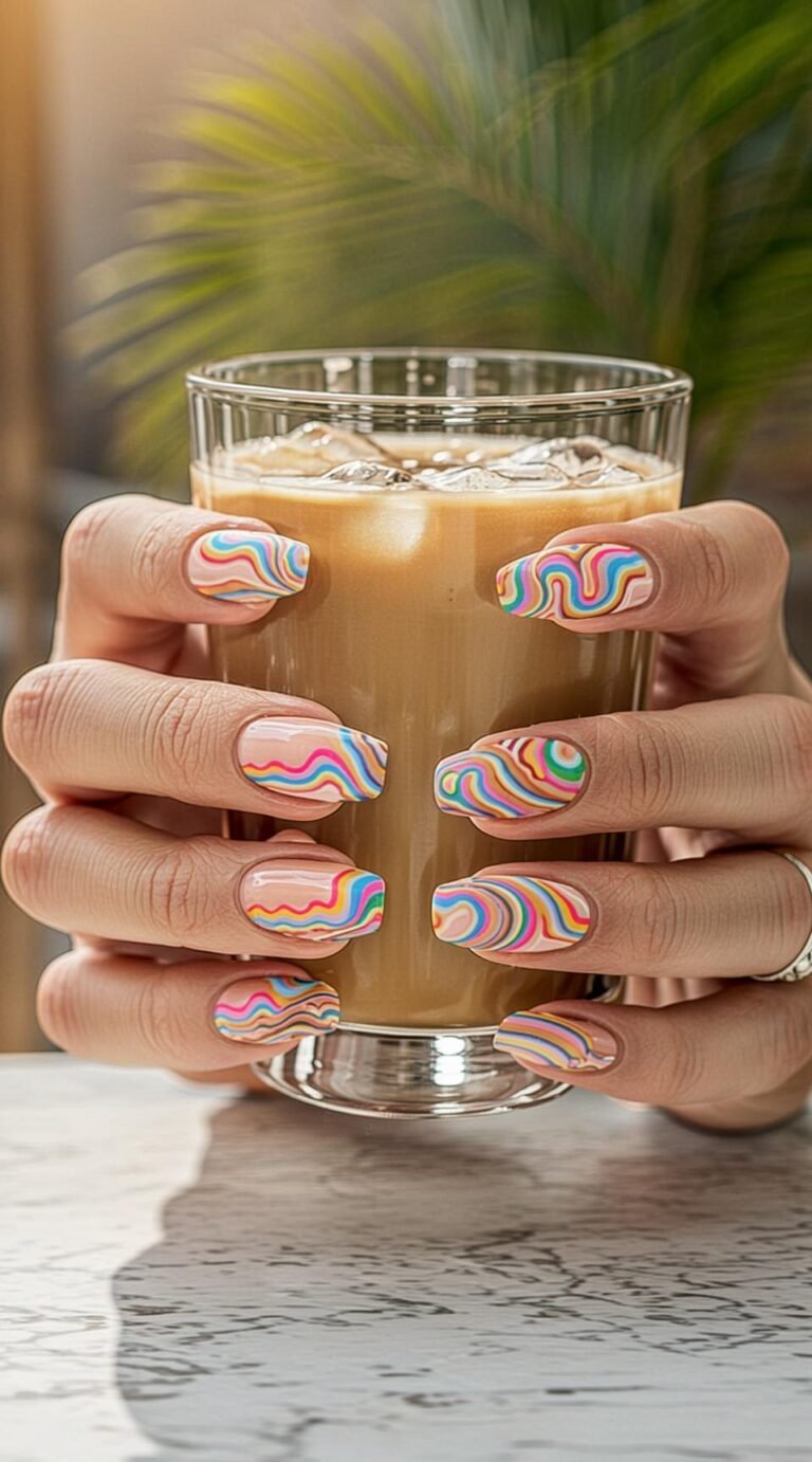 Young American woman holding iced coffee with vibrant pastel summer nail designs.