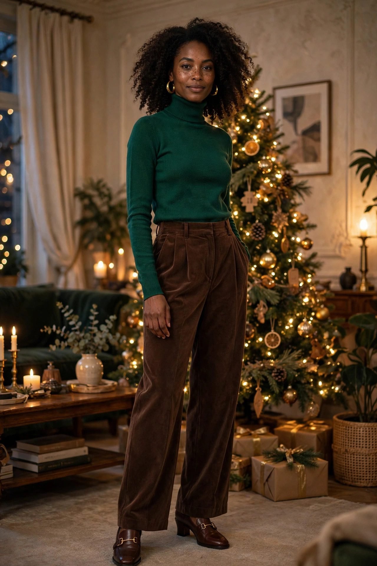christmas eve outfits emerald turtleneck chocolate trousers