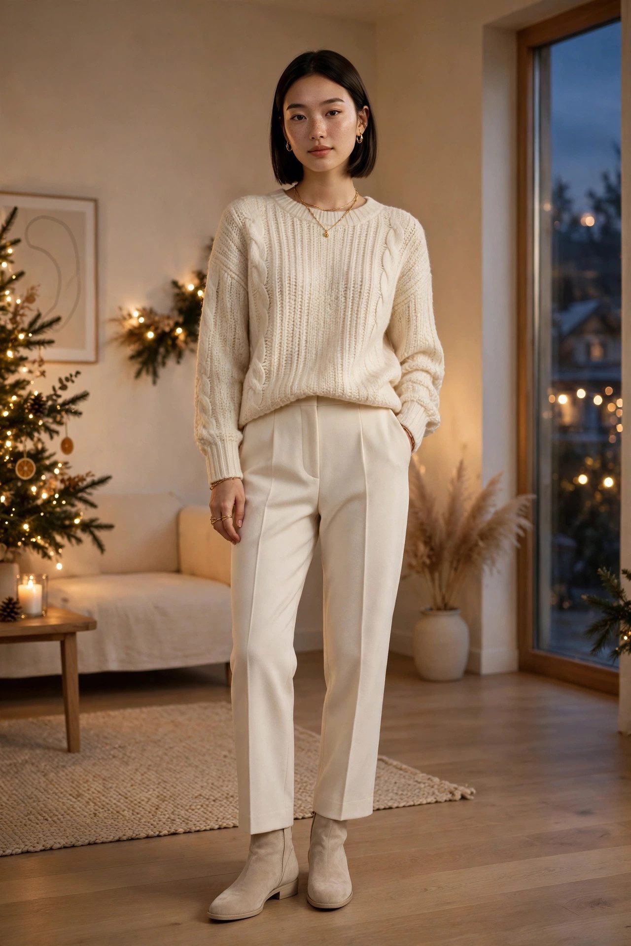 christmas eve outfits monochrome cream sweater set