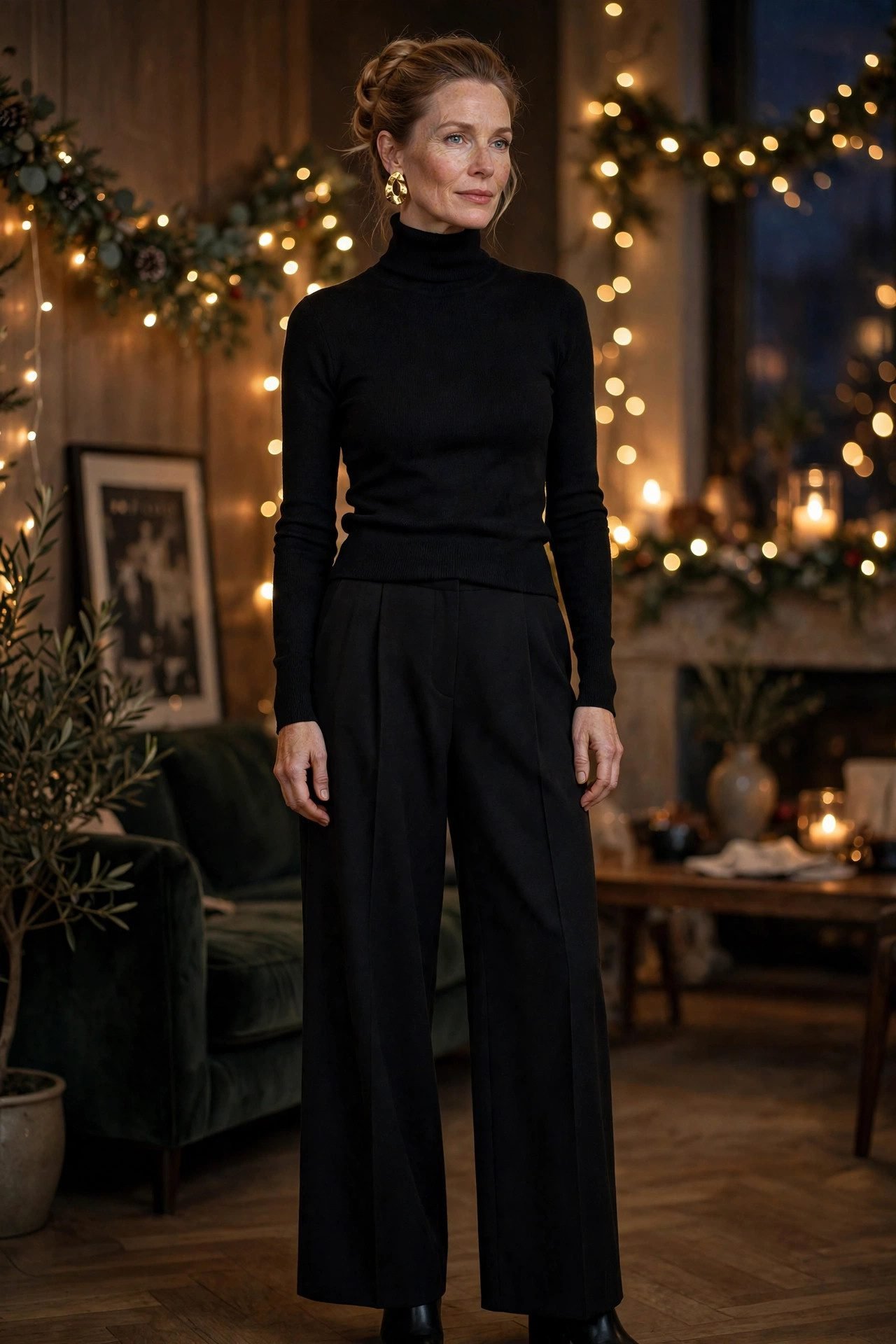 christmas eve outfits black turtleneck gold earring