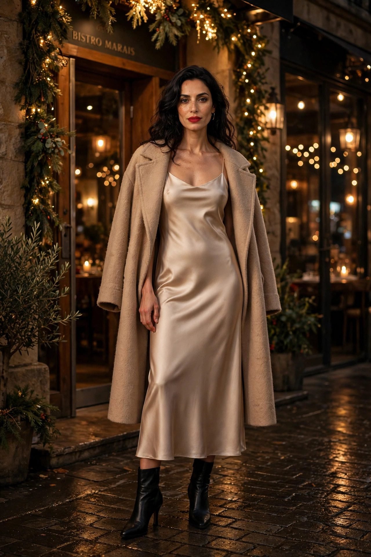 christmas eve outfits date night slip dress coat