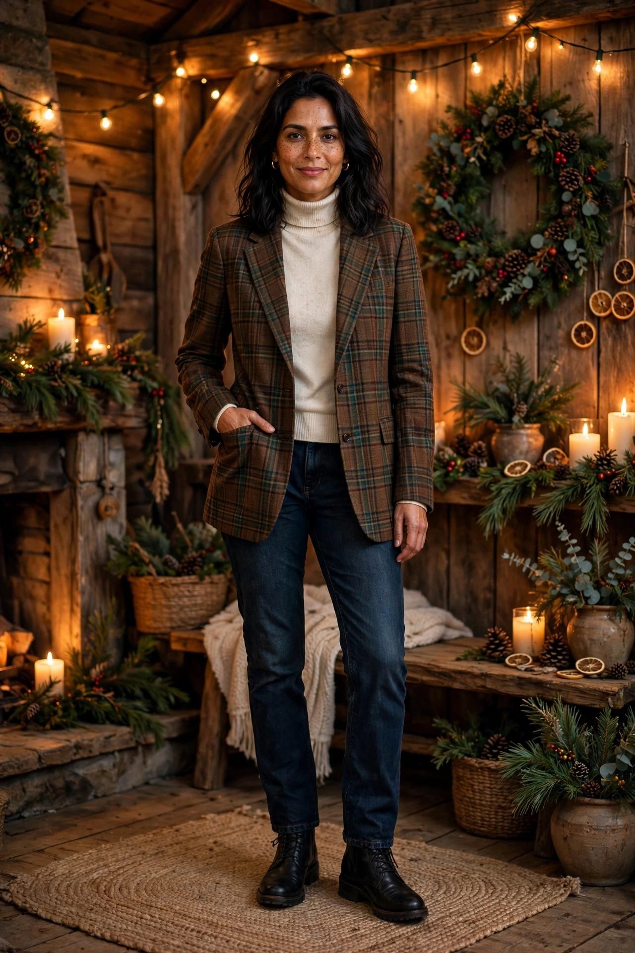 christmas eve outfits plaid blazer cream turtleneck jeans