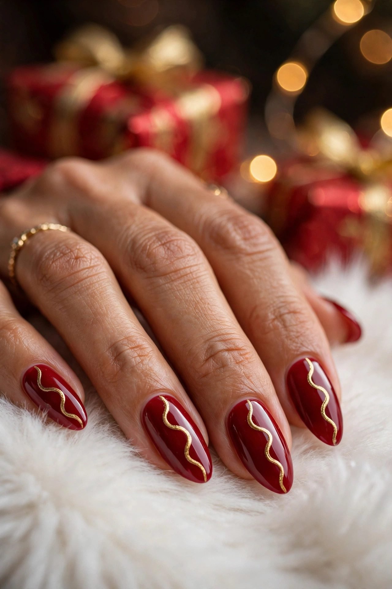 christmas nails almond the gold wave line