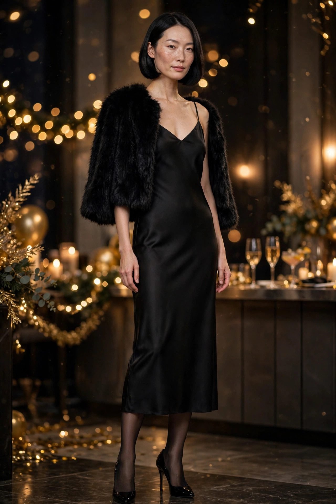 new year outfit ideas the slip dress + faux fur