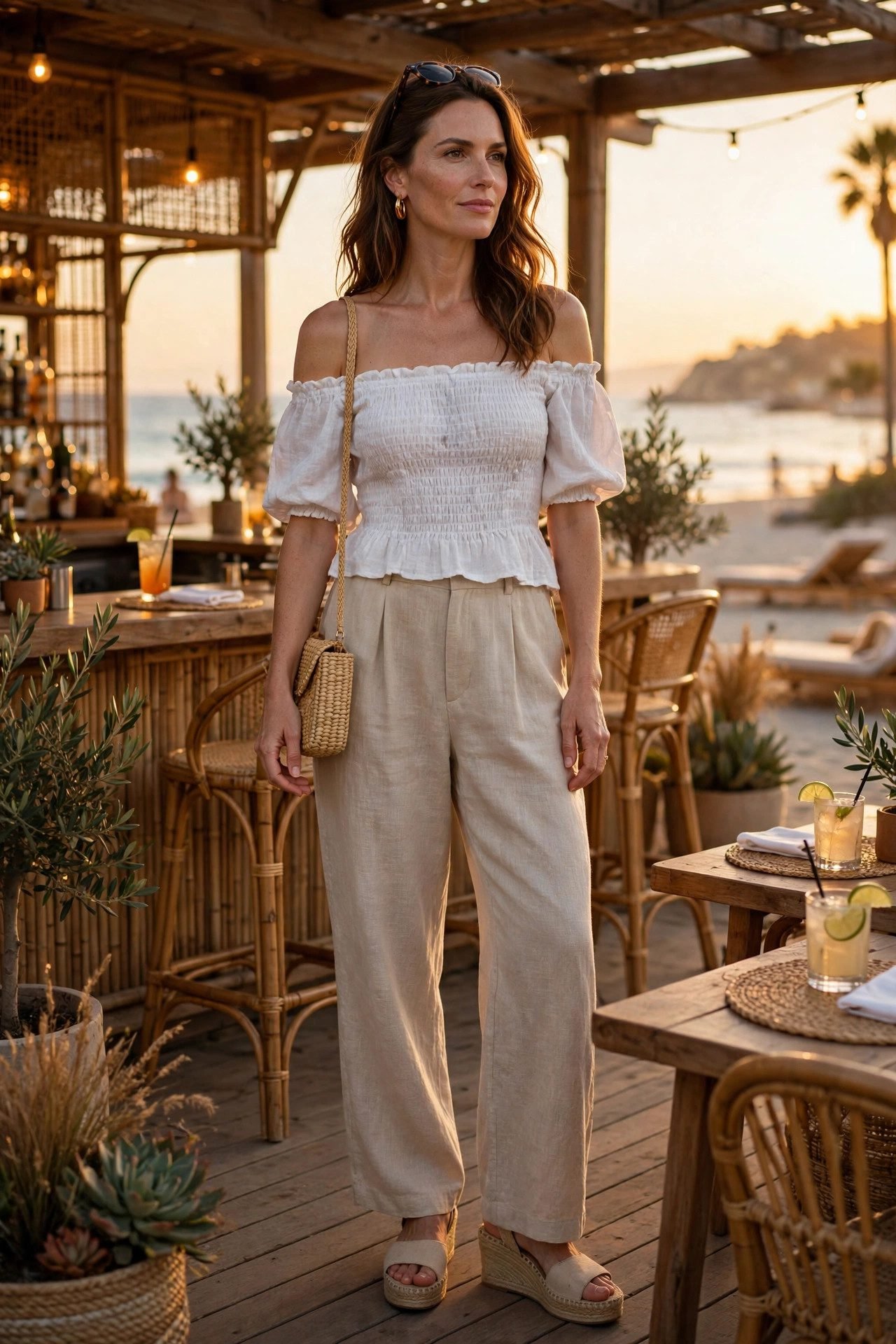 beach outfit — The Off-Shoulder Top and Linen Pants