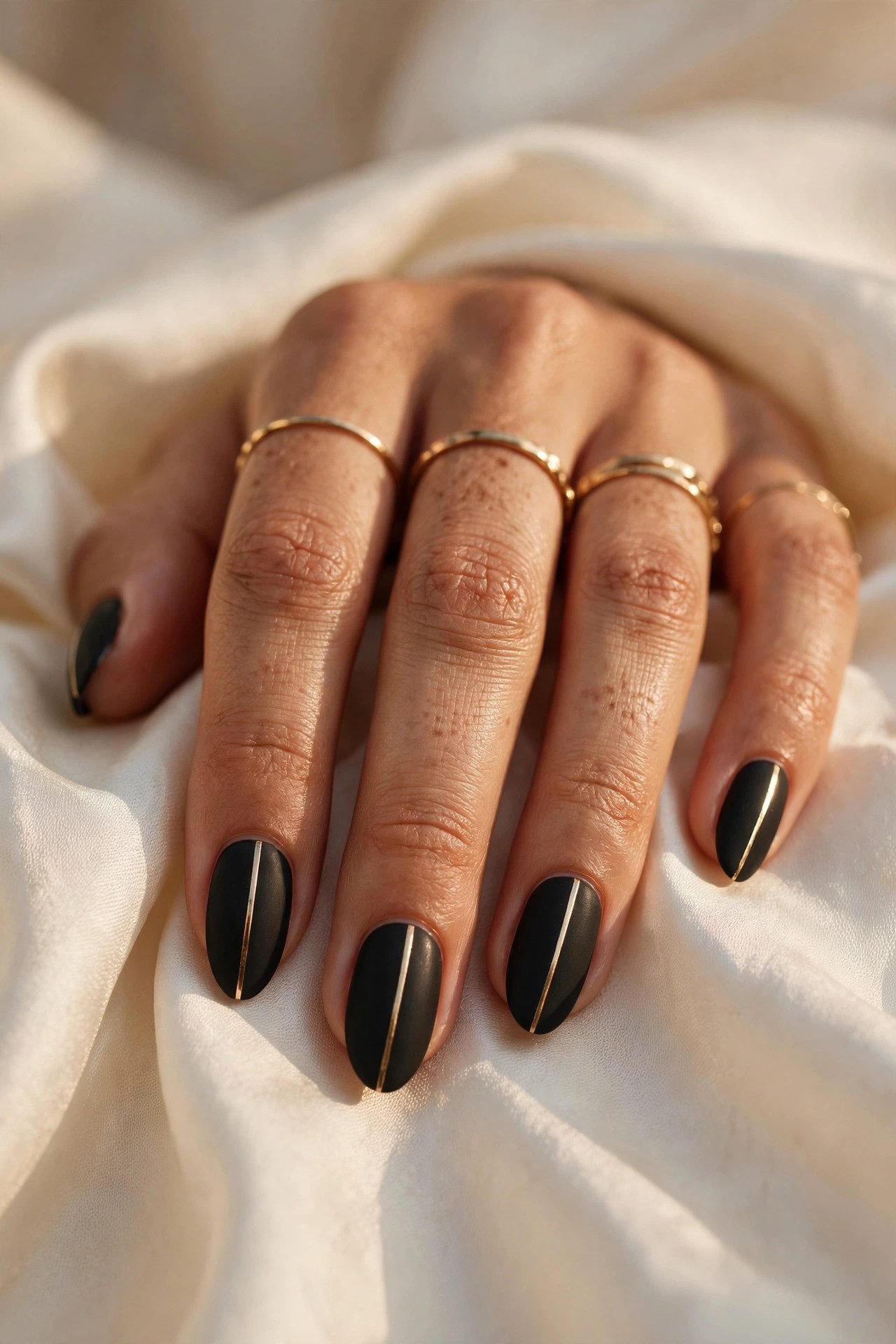 black nails — The Matte Almond + Gold Line