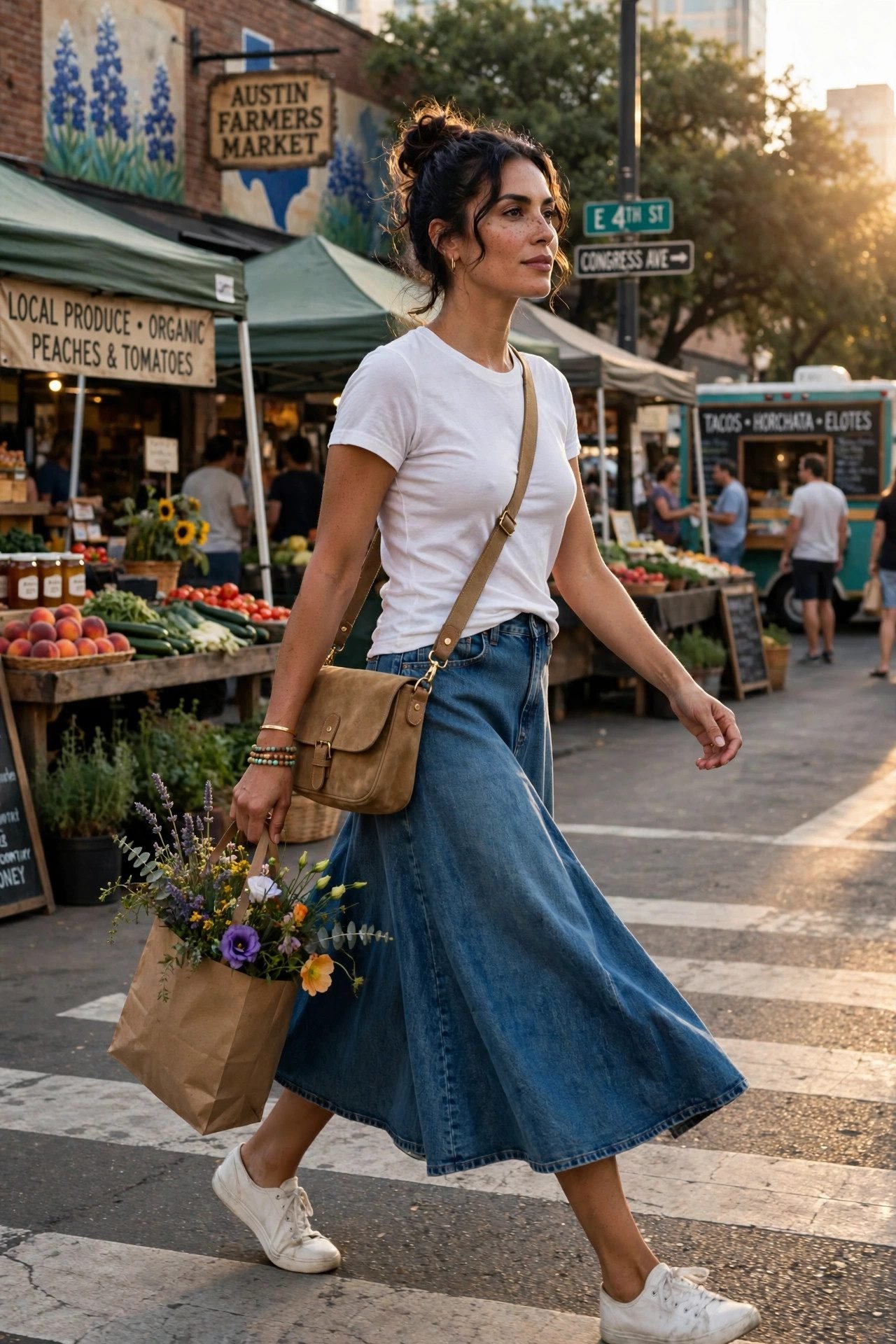skirt outfits — The Denim Midi and White Tee