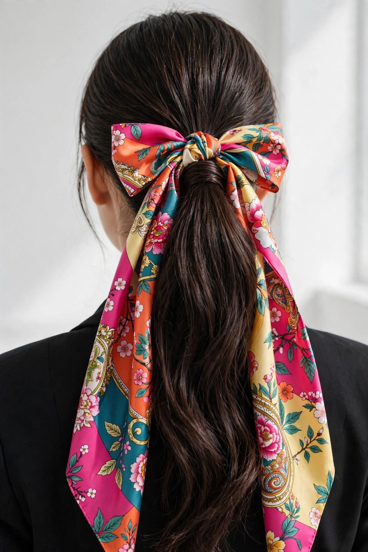 ponytail hairstyles — The Scarf-Wrapped Mid