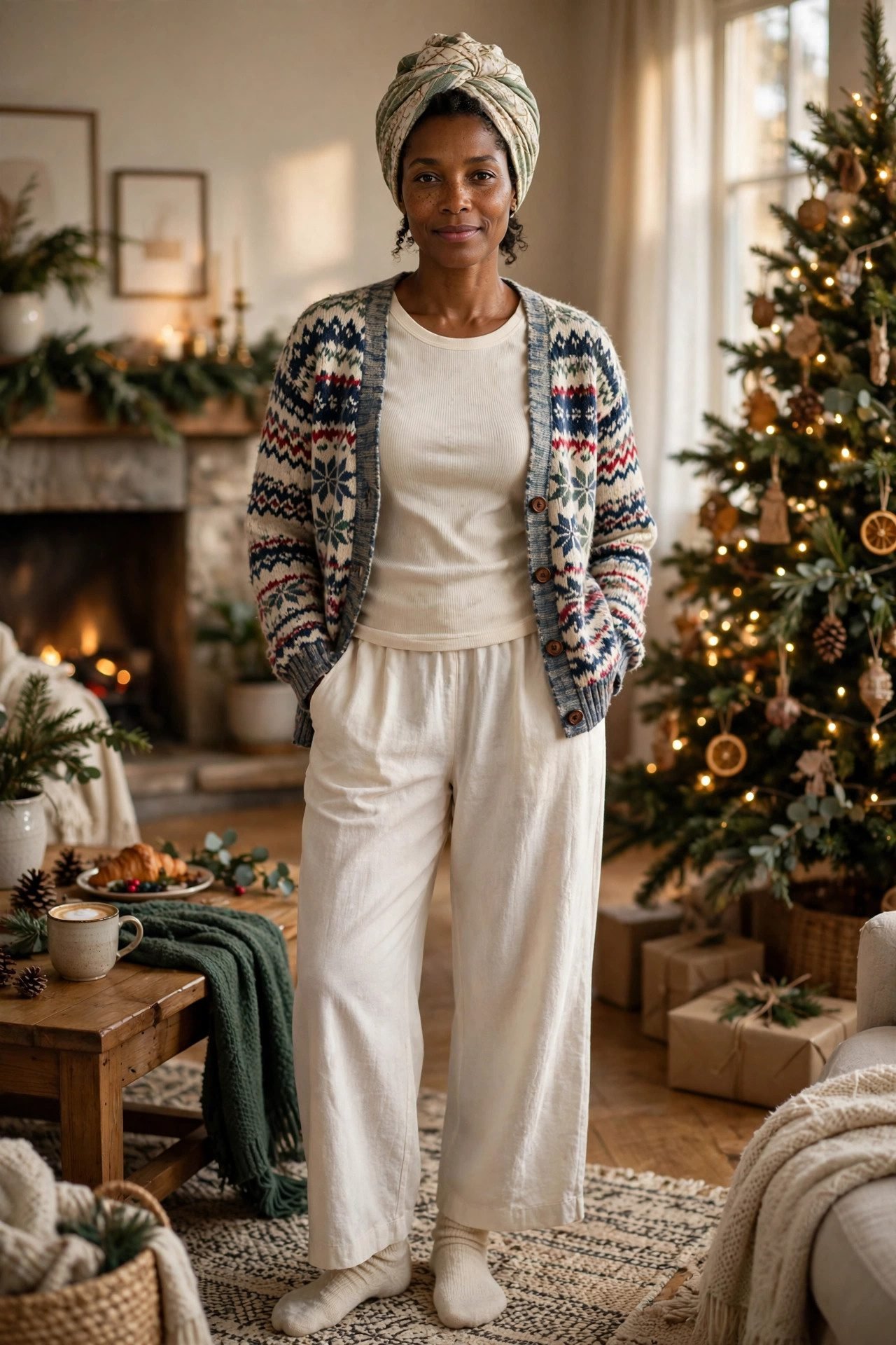 christmas eve outfits festive cardigan wide leg pants