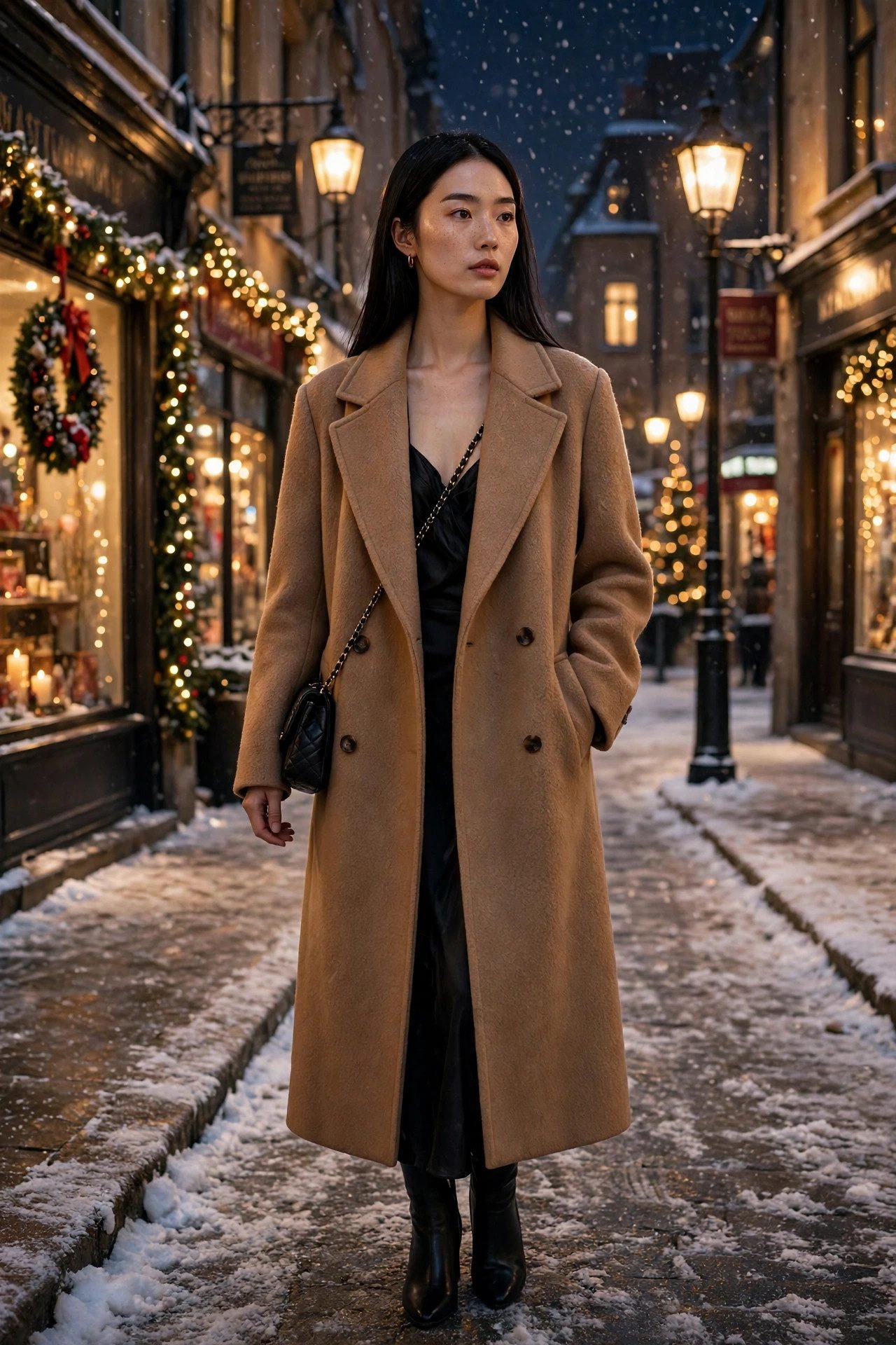 christmas eve outfits camel wool coat snow