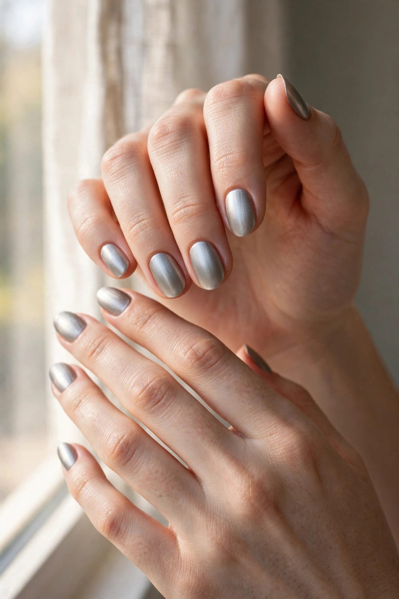 14. Short Almond Chrome Nails — Muted Silver