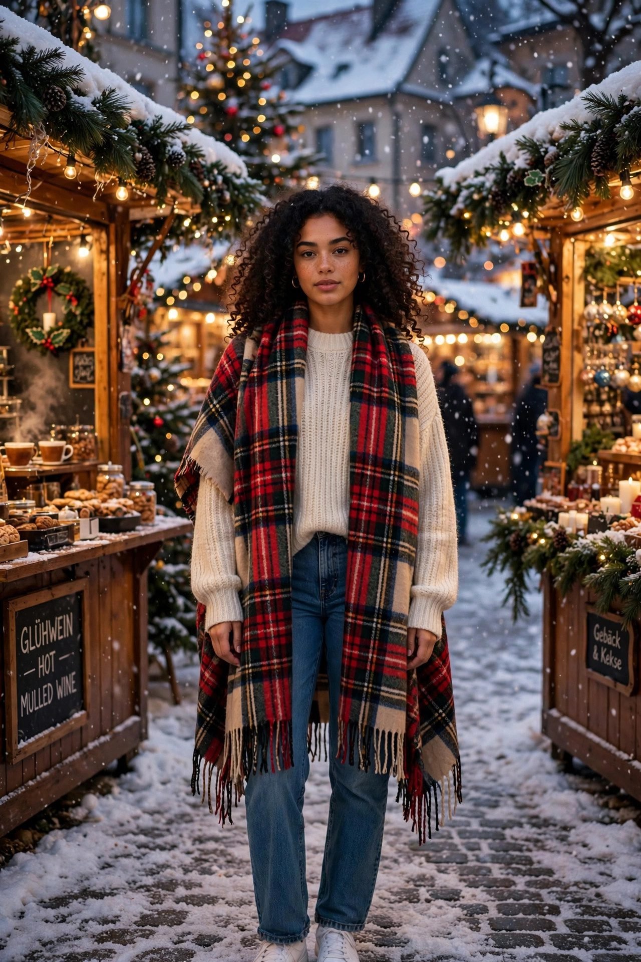 christmas eve outfits plaid blanket scarf jeans