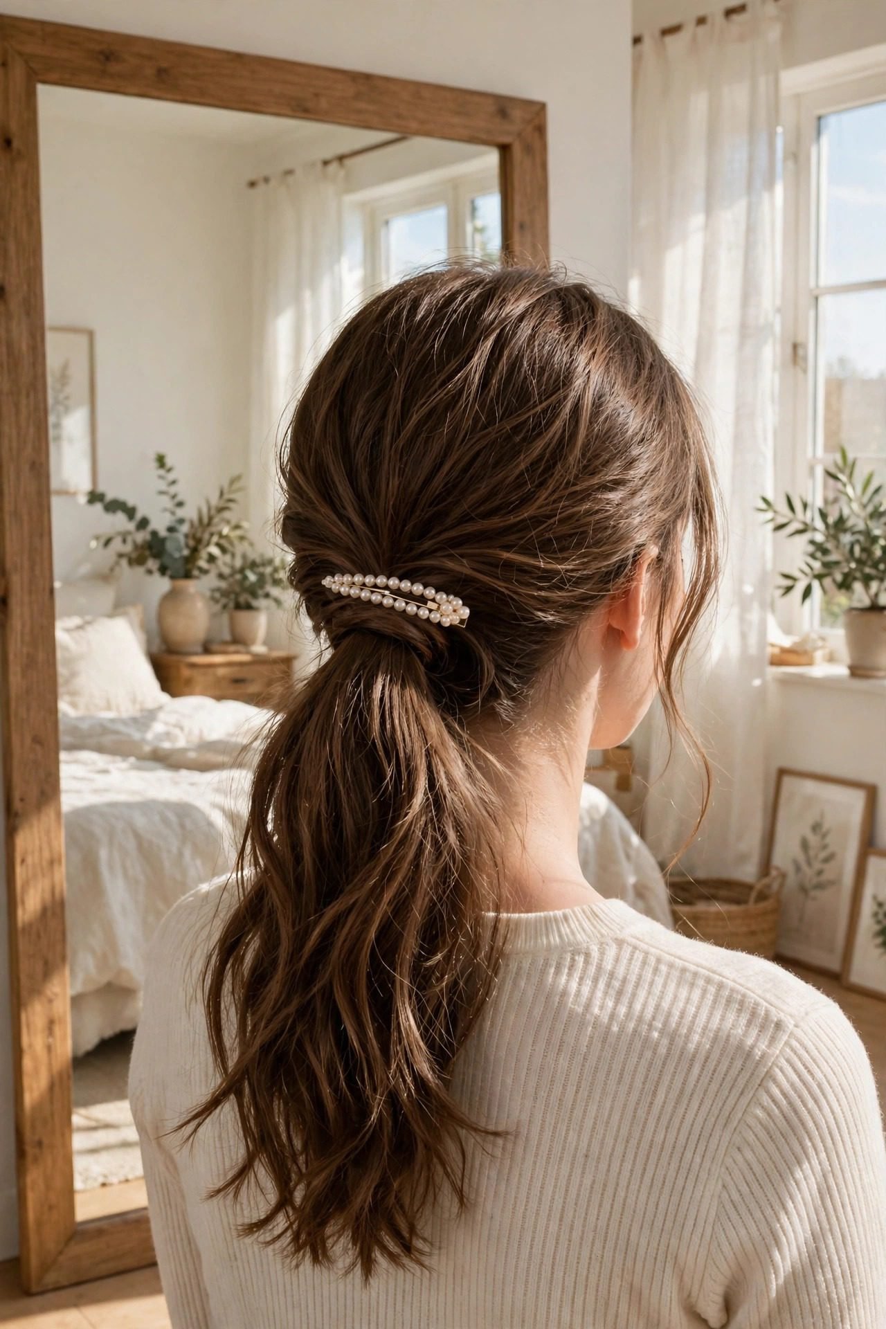 9. The Pearl Barrette with a Low Pony