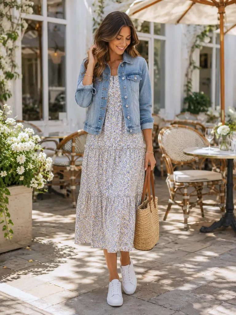 24. The Midi Dress, Denim Jacket, and Sneakers