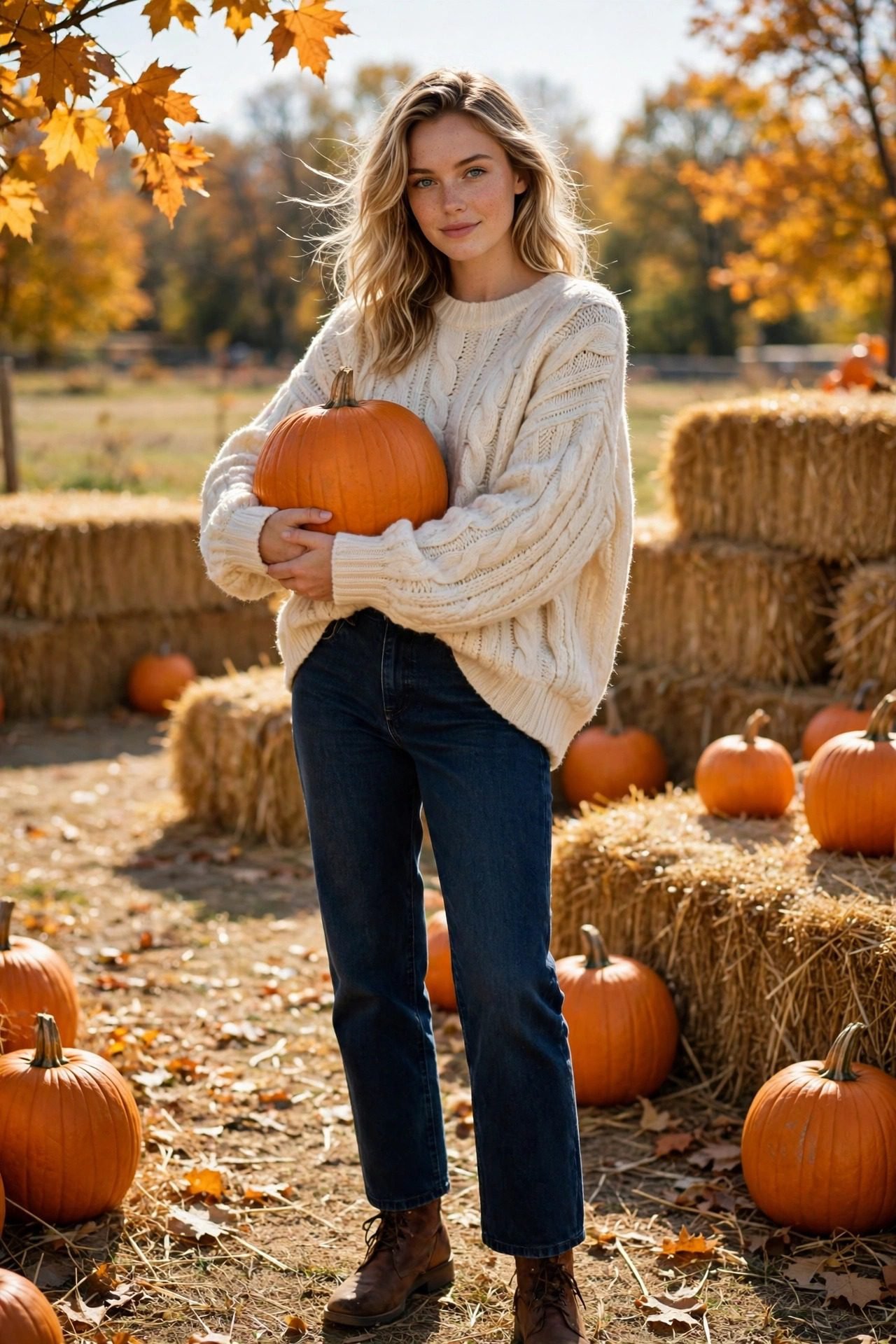 8. The Pumpkin Patch Classic: Cream Knit and Dark Denim