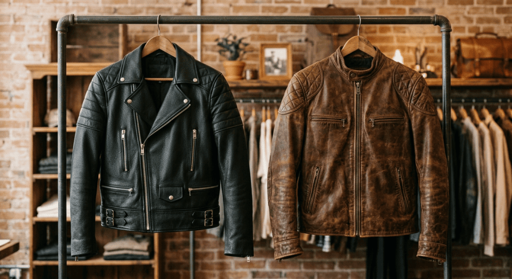 black moto jacket and brown racer jacket the two leather character faces quality