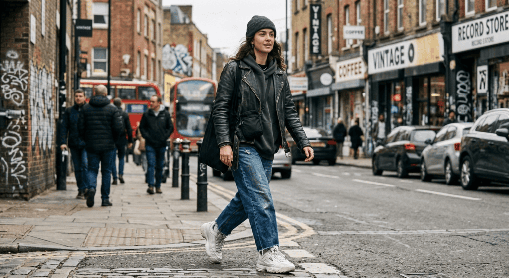 leather jacket over hoodie baggy jeans beanie the street layering hood signature